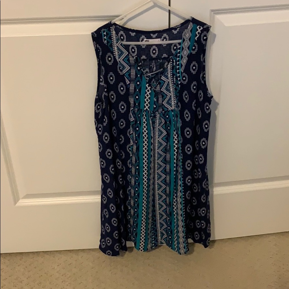 girls blue aztec print dress with lace up front